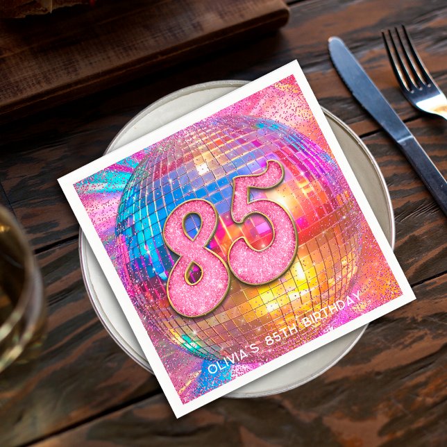 85th Birthday Party Gold Pink Glitter Disco Ball Napkin (Creator Uploaded)