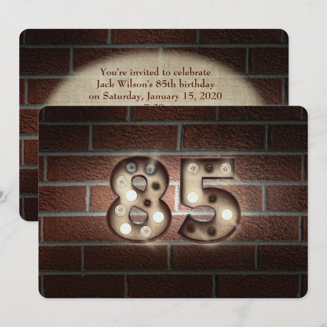 85th Birthday Party-marquee lights on brick Invitation (Front/Back)