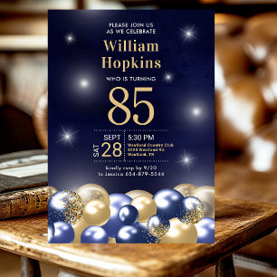85th Birthday Party Navy Blue Gold Balloons Photo Invitation