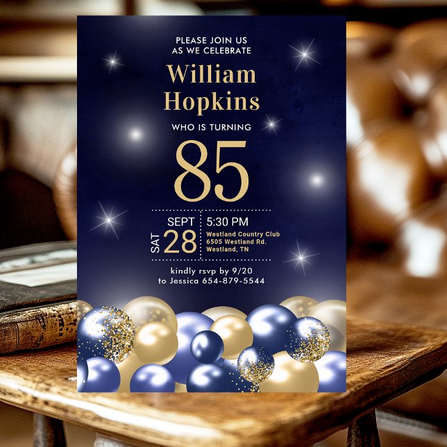 85th Birthday Party Navy Blue Gold Balloons Photo Invitation (Creator Uploaded)