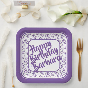 85th Birthday Party Number Pattern Purple White Paper Plate