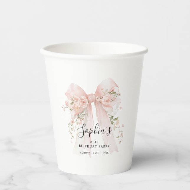 85th Birthday Party Pink Bow with Roses Custom Paper Cups (Front)