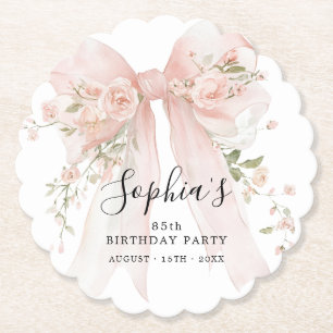 85th Birthday Party Pink Bow with Roses Paper Coaster