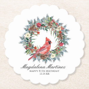 85th Birthday Party Red Cardinal Wreath Custom Paper Coaster