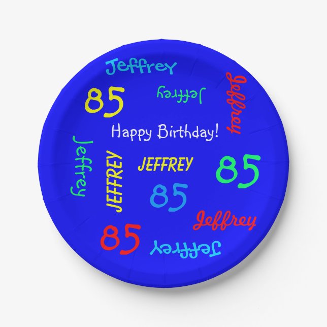 85th Birthday Party, Repeating Names, Royal Blue Paper Plate (Front)