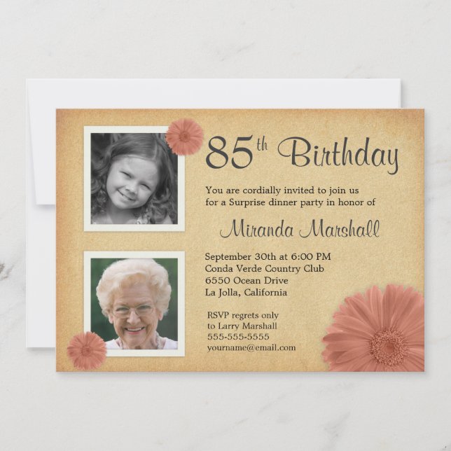 85th Birthday Party Rustic Daisy 2 Photo Invites (Front)