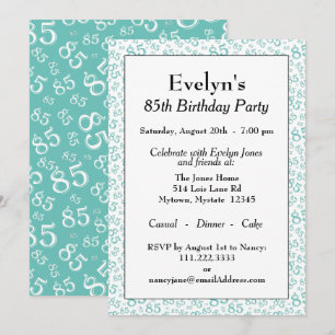 85th Birthday Party Teal and White Number Pattern Invitation