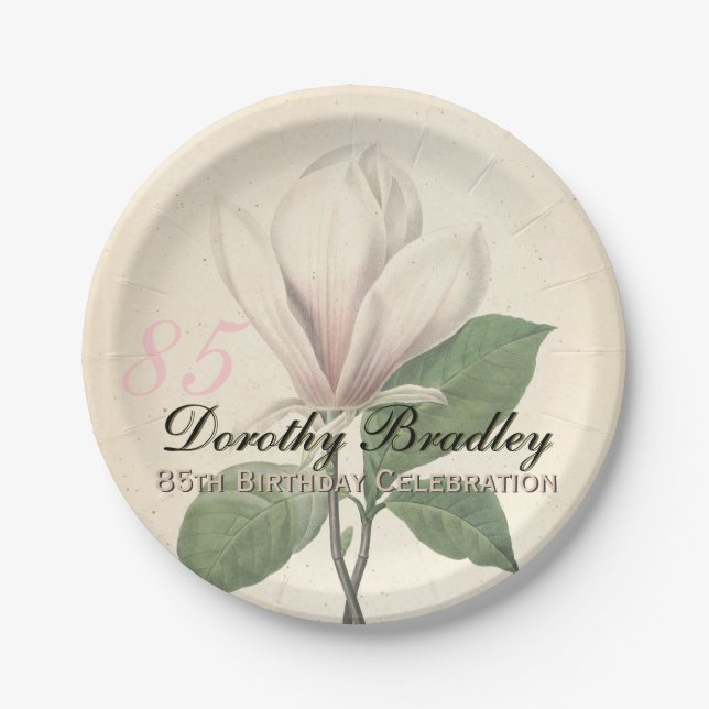 85th Birthday Party  Vintage Magnolia Paper Plates (Front)