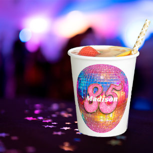 85th Birthday Pink Glitter Groovy 70s Disco Ball Paper Cups