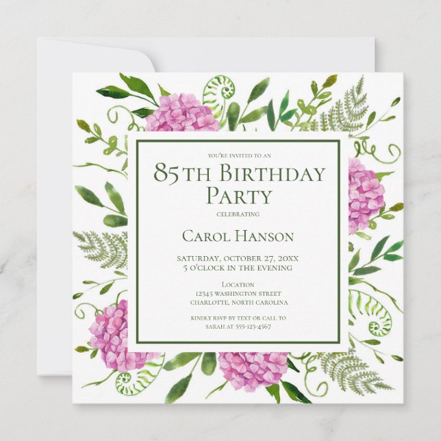 85th Birthday Pink Hydrangeas Card Request  (Front)