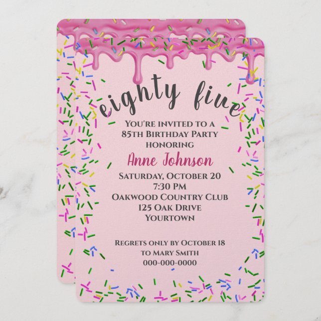 85th Birthday Pink Icing And Sprinkles Invitation (Front/Back)