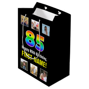 85th Birthday: Rainbow “85“, Custom Photos & Name Medium Gift Bag