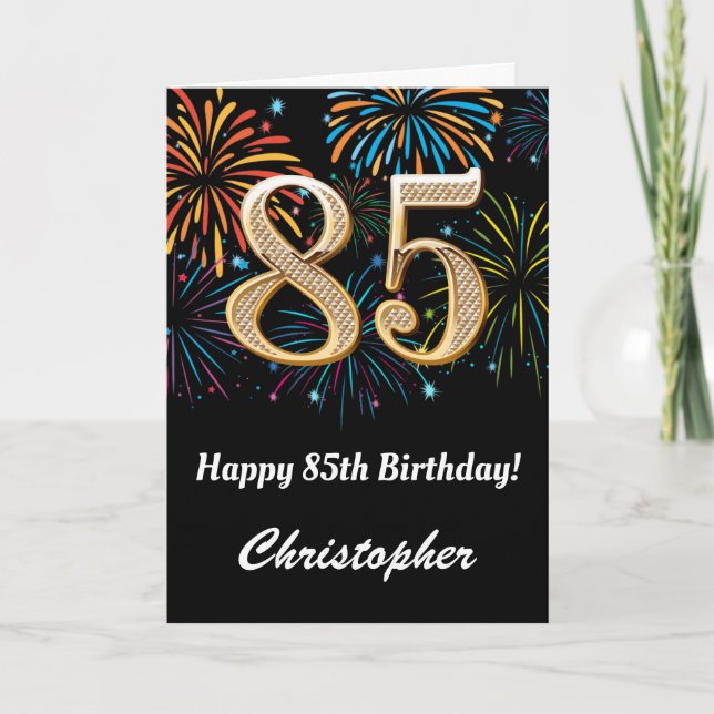 85th Birthday Rainbow Fireworks Black and Gold Card (Front)