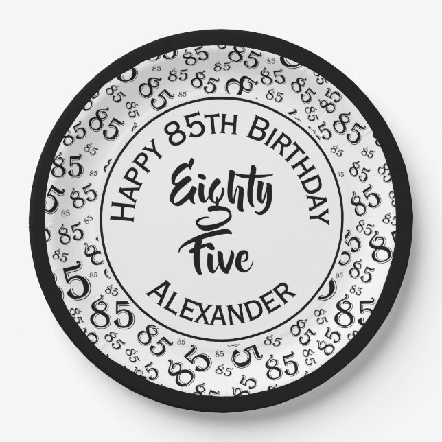 85th Birthday Random Number Pattern Black/White Paper Plate (Front)