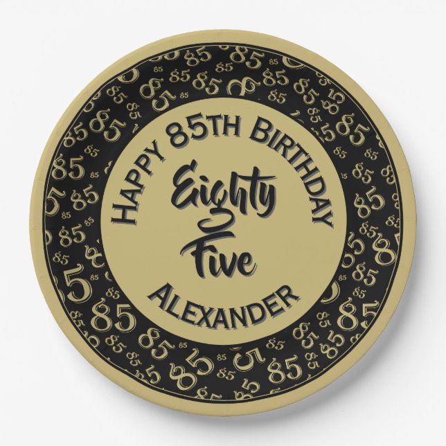 85th Birthday Random Number Pattern Gold/Black Paper Plate (Front)