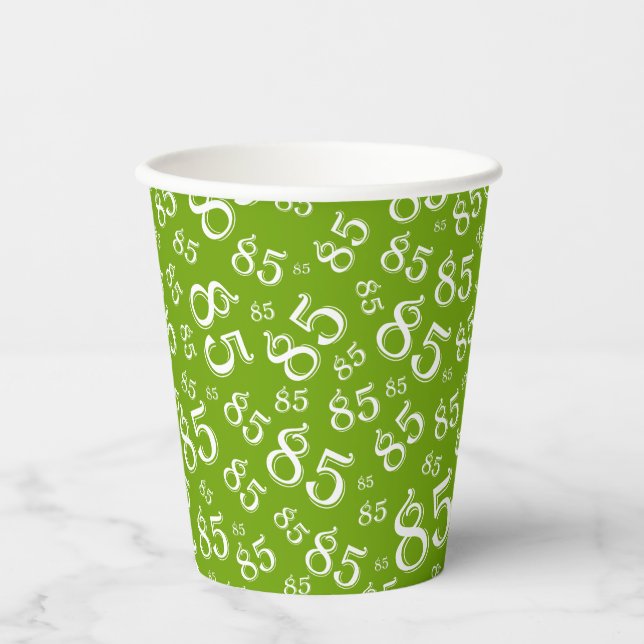 85th Birthday Random Number Pattern Green/White Paper Cups (Front)