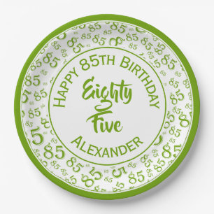 85th Birthday Random Number Pattern Green/White Paper Plate