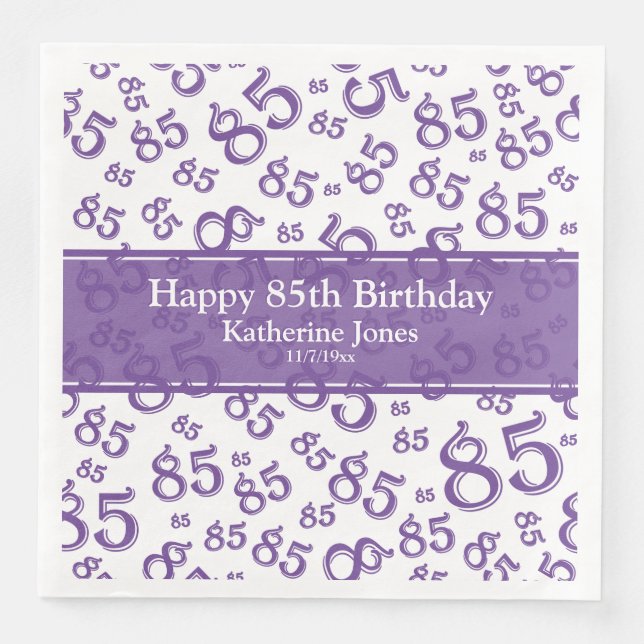 85th Birthday Random Number Pattern Purple/White Napkin (Front)