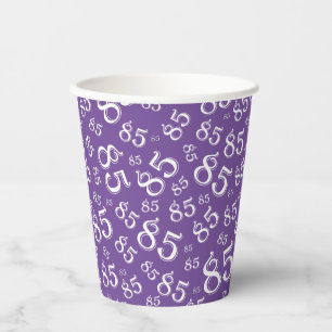 85th Birthday Random Number Pattern Purple/White Paper Cups