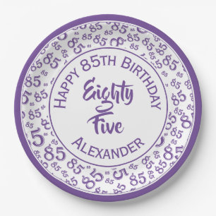85th Birthday Random Number Pattern Purple/White Paper Plate