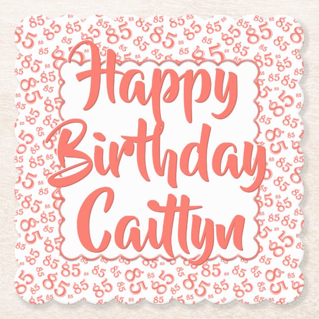 85th Birthday Random Number Pattern Scallops Coral Paper Coaster (Front)