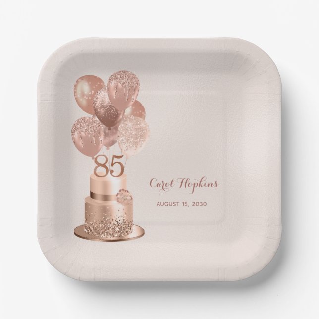 85th Birthday Rose Gold Cake Paper Plate (Front)