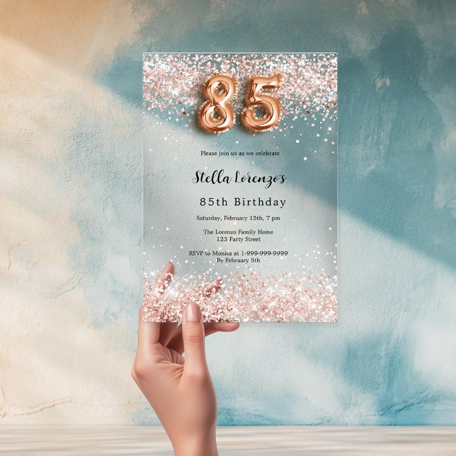 85th birthday rose gold confetti clear acrylic invitations (Creator Uploaded)