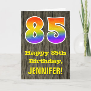85th Birthday: Rustic Faux Wood Look, Rainbow "85" Card