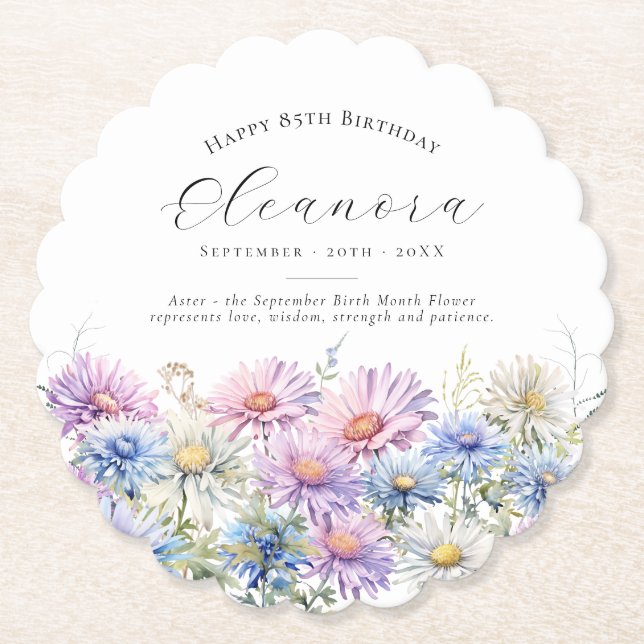 85th Birthday September Birth Flower Custom Paper Coaster (Front)