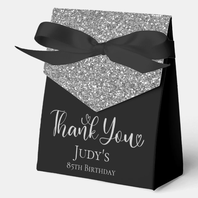 85th Birthday Silver Glitter Black Thank You Favour Box (Front)