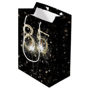 85th Birthday Sparklers on Black With Stars Medium Gift Bag