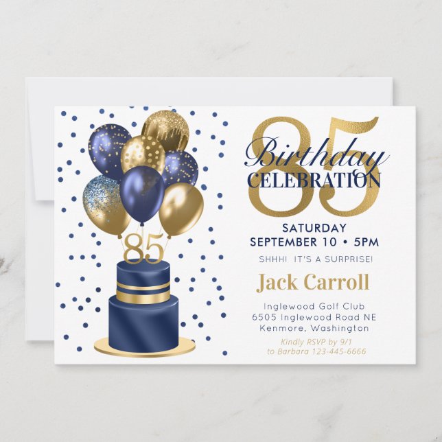 85th Birthday Surprise Navy Blue Cake Invitation (Front)