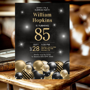 85th Birthday Surprise Party Black Gold Balloons Invitation
