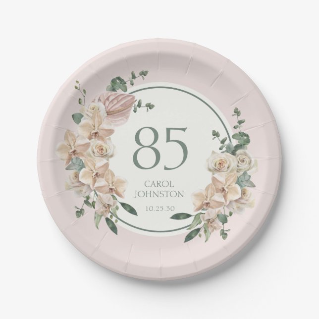 85th Birthday Tropical Floral Paper Plate (Front)