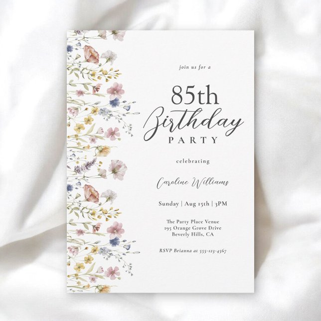 85th Birthday Watercolor Wildflowers Floral  Invitation (Available in both printed and instant download digital formats.)
