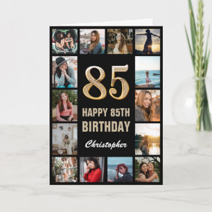 85th Happy Birthday Black and Gold Photo Collage Card