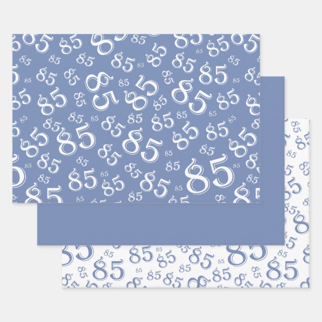 85th Milestone Birthday Blue/White Number Pattern Wrapping Paper Sheet (Set)