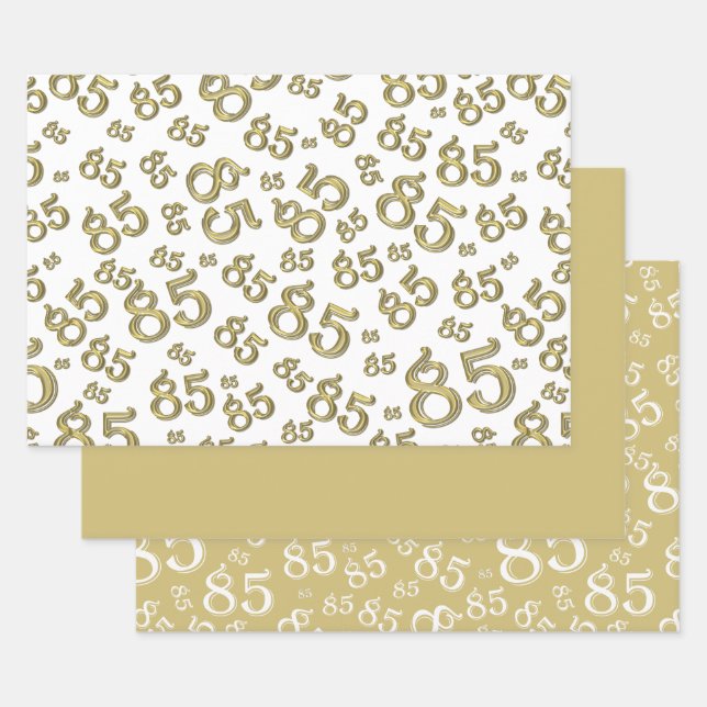 85th Milestone Birthday Gold/White Number Pattern Wrapping Paper Sheet (Set)