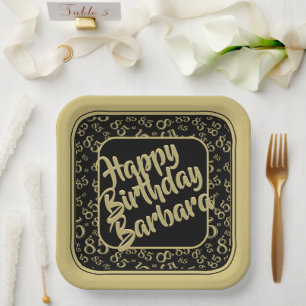 85th Party Random Number Pattern Black/Gold Paper Plate