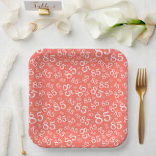 85th Party Random Number Pattern Coral No/White Paper Plate