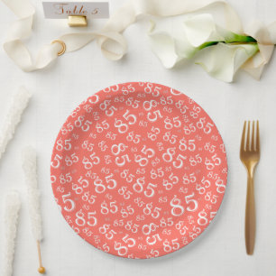 85th Party Random Number Pattern Coral No/White Paper Plate