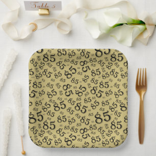 85th Party Random Number Pattern Gold/Black Paper Plate