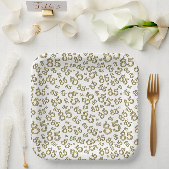 85th Party Random Number Pattern Gold/White Paper Plate (Wedding)