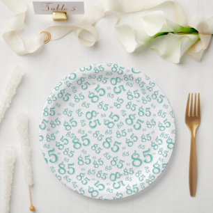 85th Party Random Number Pattern Teal/White Paper Plate