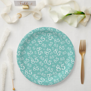 85th Party Random Number Pattern Teal/White Paper Plate