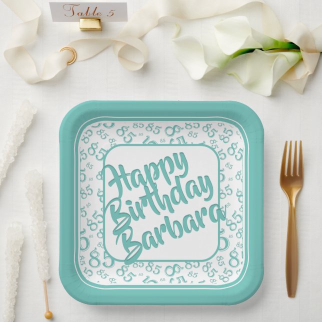 85th Party Random Number Pattern Teal/White Paper Plate (Wedding)