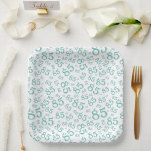 85th Party Random Number Pattern Teal/White Paper Plate
