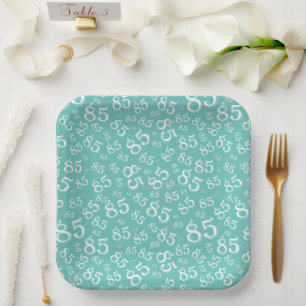 85th Party Random Number Pattern Teal/White Paper Plate