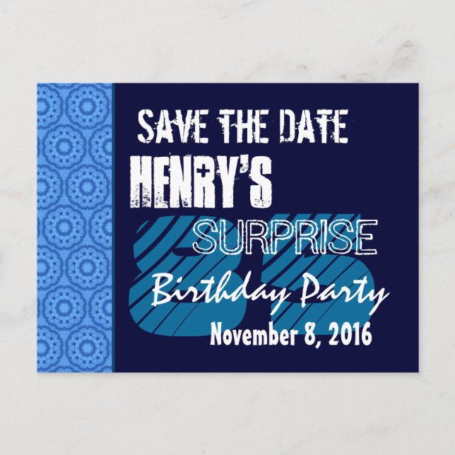 85th Surprise Birthday Save the Date Blue Pattern Announcement Postcard (Front)