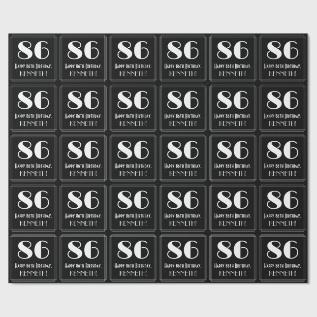 86th Birthday - Art Deco Inspired Look "86", Name Wrapping Paper (Flat)